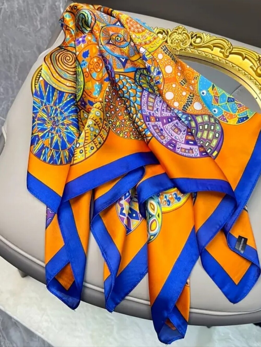 Silk - Feel Orange & Blue Patterned Scarf - Womens Head Scarf , Neck Scarf - Picture 3 of 4